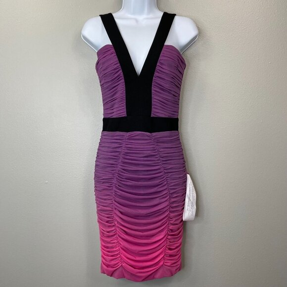 Dress The‎ Population Ashlyn Dress Womens Small Pink Purple Ombre Ruched V-Neck - Picture 1 of 14